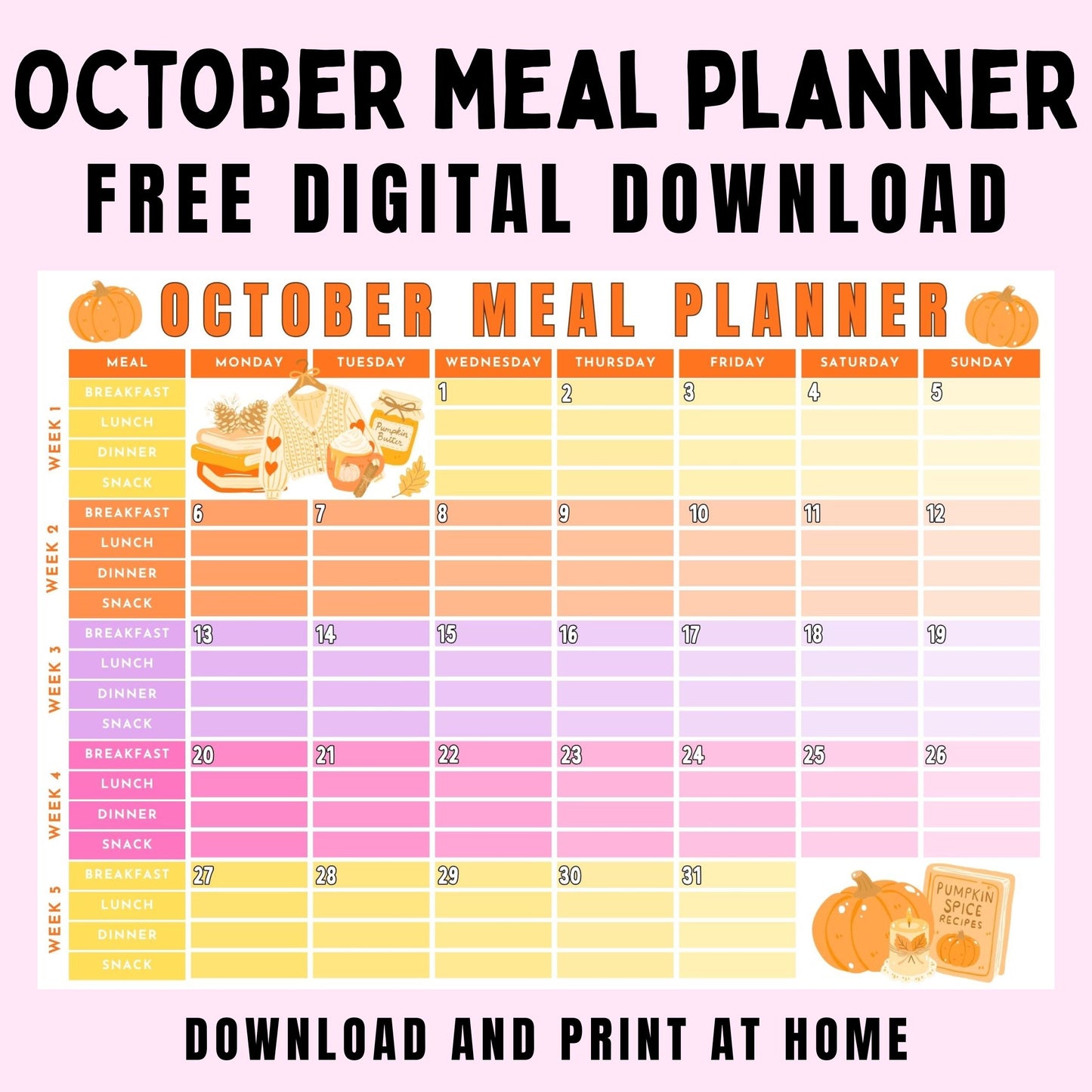 October Meal Planner PRINT AT HOME - FREE