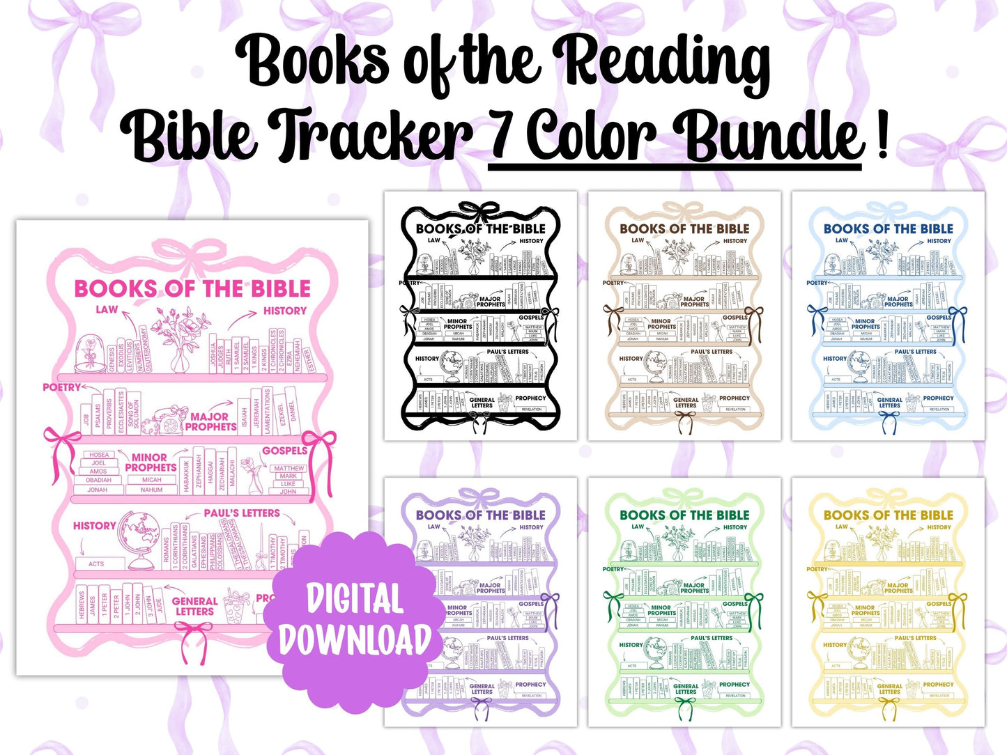 Bible Books Reading Tracker - Green Bows Digital File
