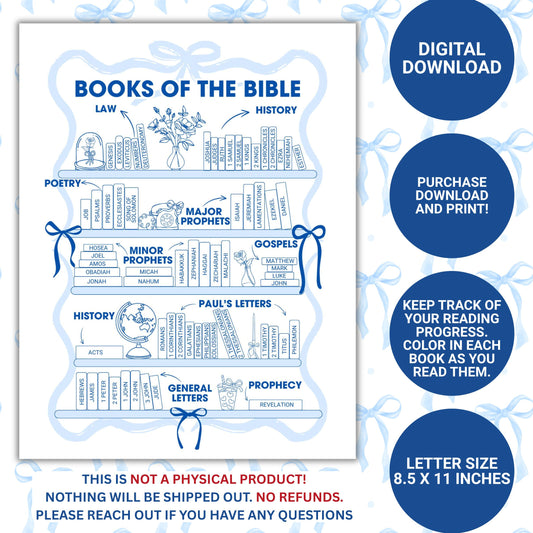 Bible Books Reading Tracker - Blue Bows Digital File