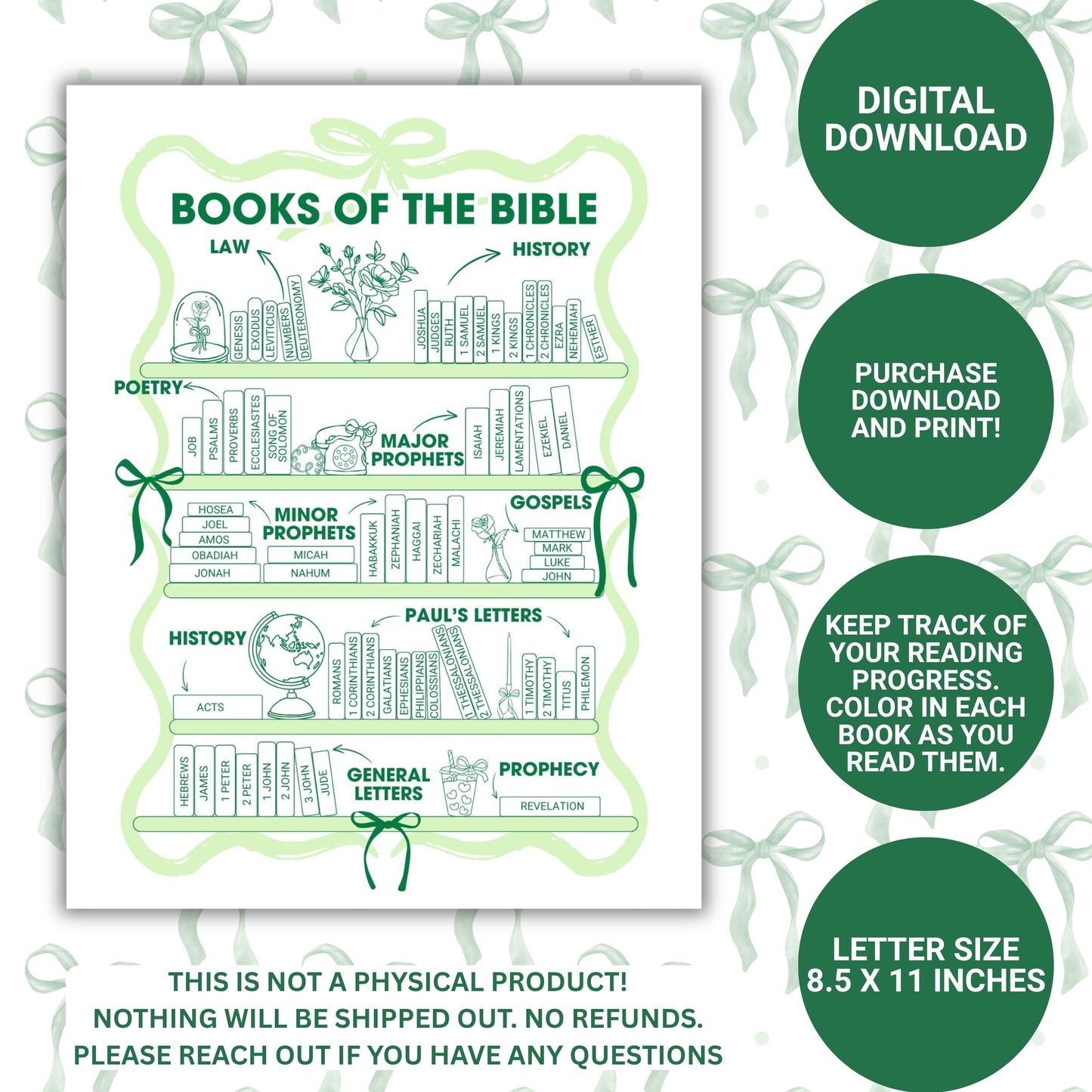 Bible Books Reading Tracker - Green Bows Digital File